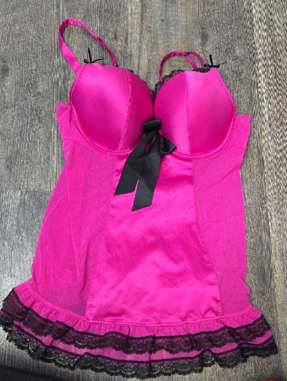 La SENZA Hot Pink Chemise with Black Lace Trim